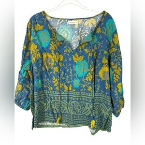 NATURAL LIFE Floral Blouse - Teal and Mustard